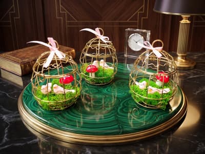 Golden cage with small birds